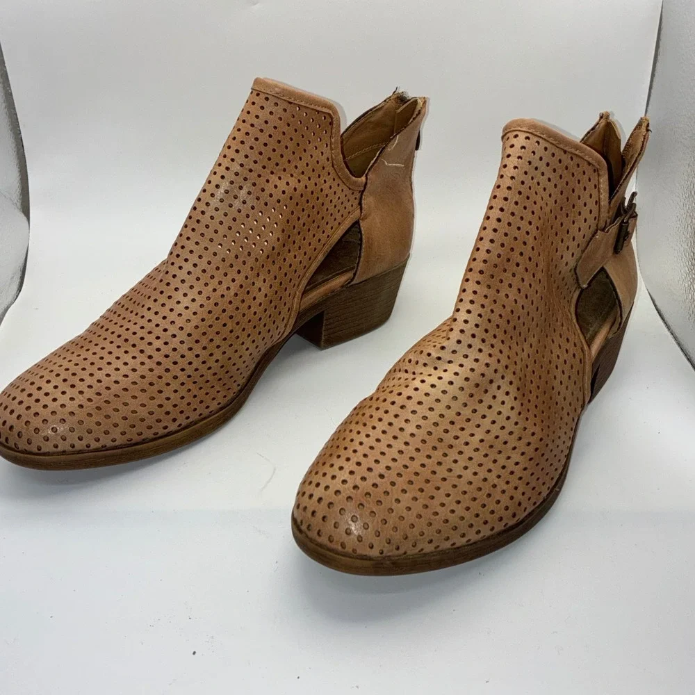Tan Perforated Leather‎ Cut Out Ankle Booties with Buckle and Back Zip Size 8.5